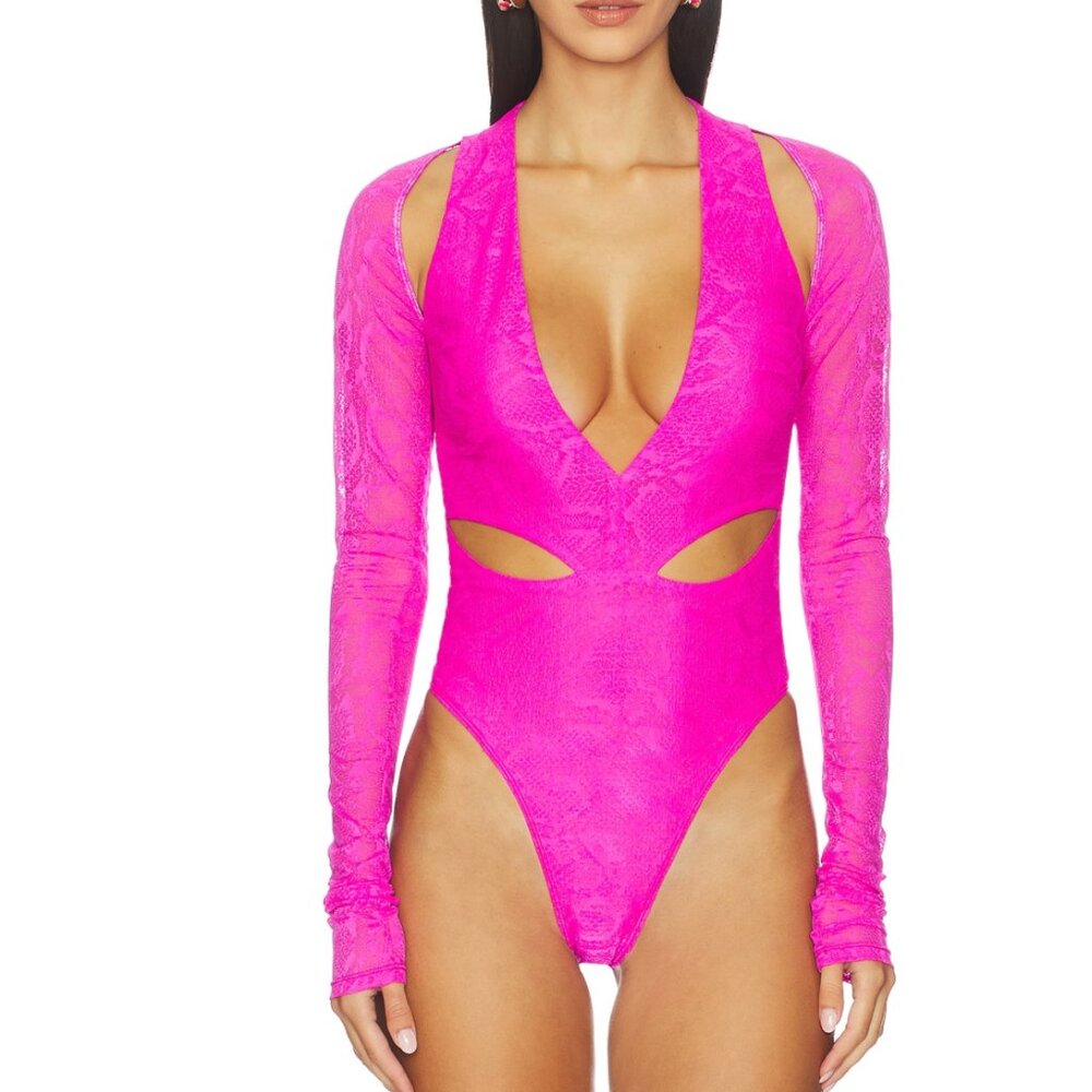 NEW Lapointe Snake Lace Bodysuit in Vivid Pink Hot Cutout Long Sleeve Festival 2